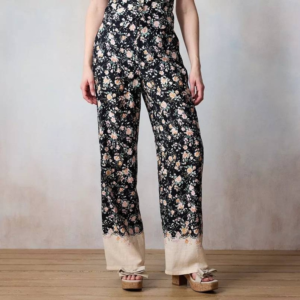 LC Lauren Conrad Trousers‎ Floral Black High-Rise Wide Leg Border Hem 6 NWT